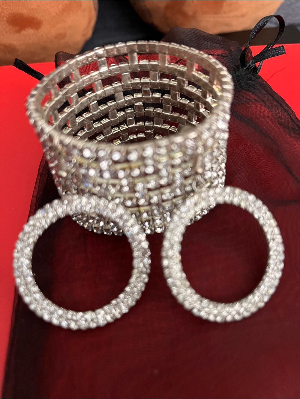 Stunning Rhinestone Statement Set – Wide Stretch Cuff Bracelet & Hoop Earrings